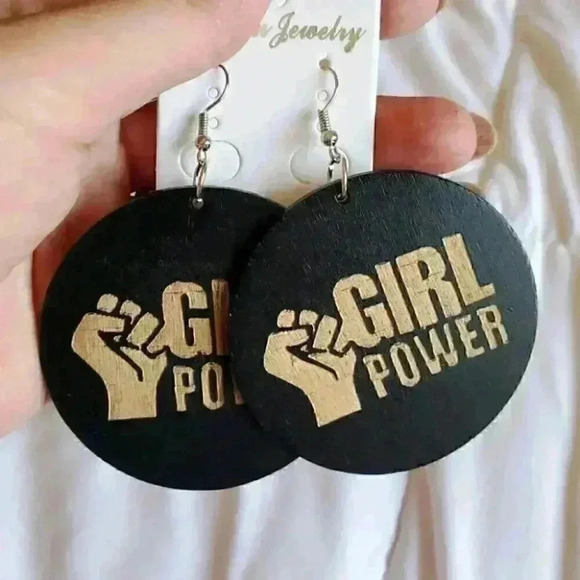 Girl power round wooden engraved statement earrings new - Picture 2 of 4